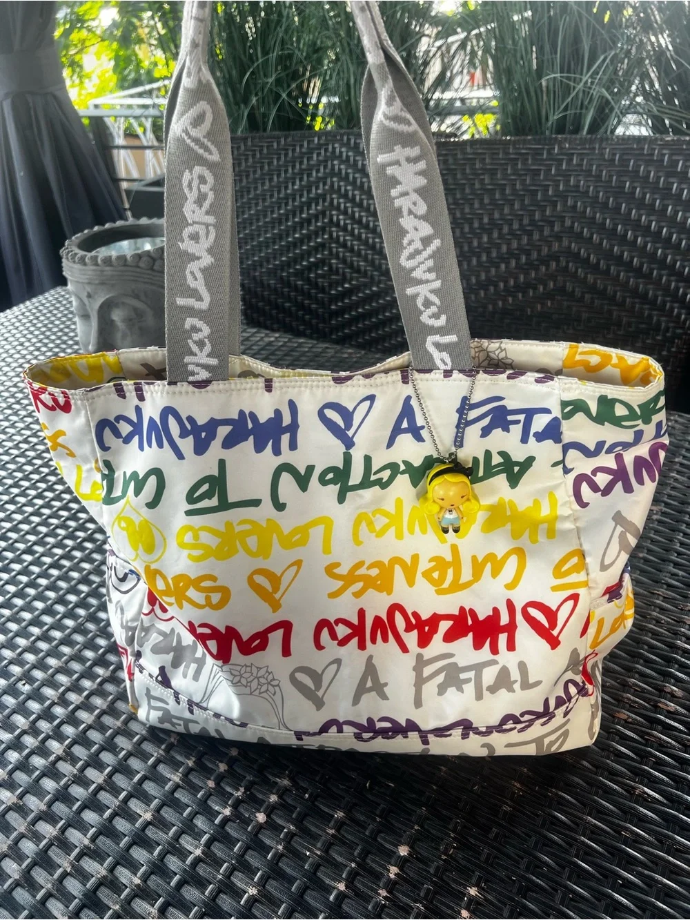 Harajuku Lovers White Multicolor Graffiti Tote with Gray Straps and Yellow Charm